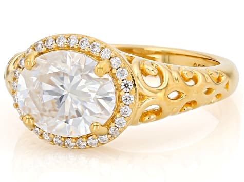 Oval And Round Moissanite 14k Yellow Gold Over Silver Halo Ring 3.28ctw DEW