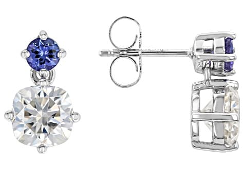 Moissanite and Blue Tanzanite Platineve Drop Earrings 3.40ctw DEW