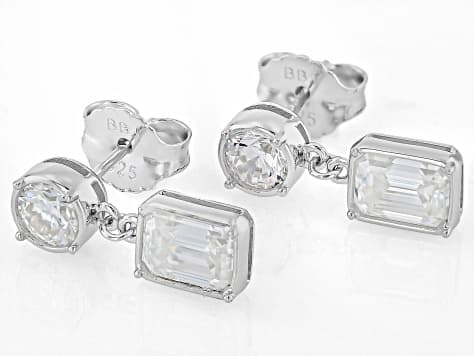 Emerald Cut And Round Moissanite Platineve Drop Earrings 3.02ctw DEW