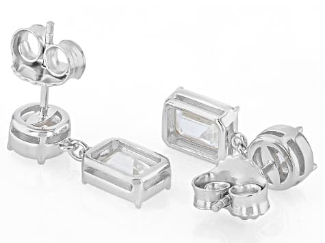 Emerald Cut And Round Moissanite Platineve Drop Earrings 3.02ctw DEW