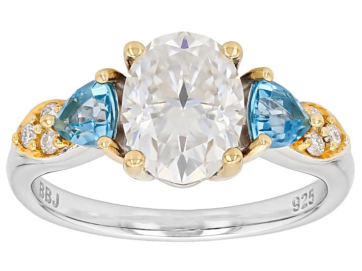 Moissanite and Swiss Blue Topaz Platineve And 14k Yellow Gold Over Silver Ring 2.22ctw DEW