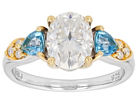 Moissanite and Swiss Blue Topaz Platineve And 14k Yellow Gold Over Silver Ring 2.22ctw DEW