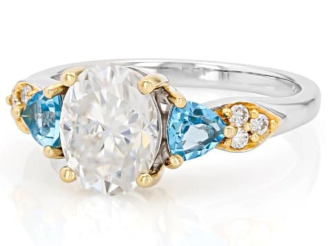 Moissanite and Swiss Blue Topaz Platineve And 14k Yellow Gold Over Silver Ring 2.22ctw DEW