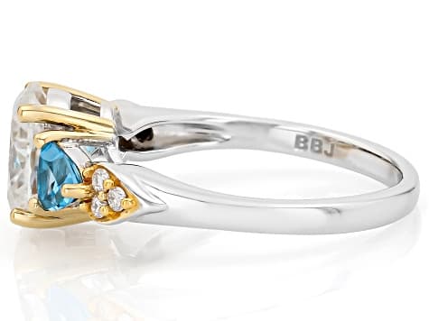 Moissanite and Swiss Blue Topaz Platineve And 14k Yellow Gold Over Silver Ring 2.22ctw DEW