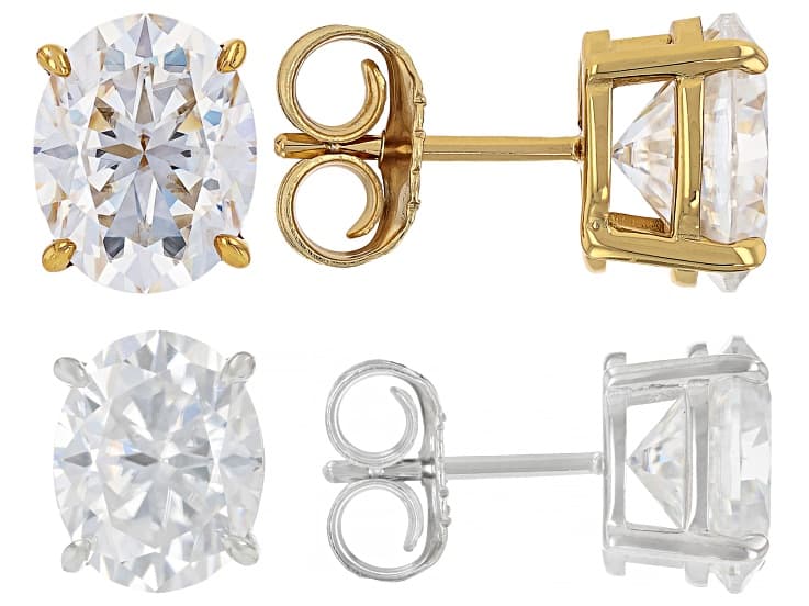 Moissanite Platineve And 14K Yellow Gold Over Silver Oval Stud Earring Set of 2 12.00ctw DEW