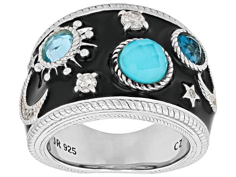 Judith Ripka Turquoise, Blue Topaz, Enamel & Cubic Zirconia Rhodium Over Silver Galaxy Ring