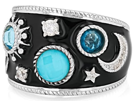 Judith Ripka Turquoise, Blue Topaz, Enamel & Cubic Zirconia Rhodium Over Silver Galaxy Ring