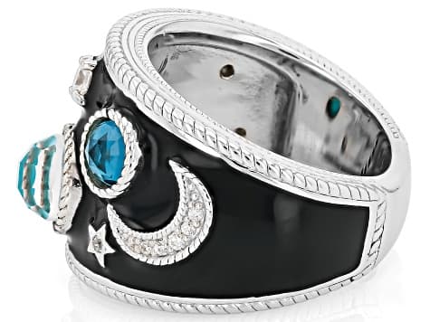 Judith Ripka Turquoise, Blue Topaz, Enamel & Cubic Zirconia Rhodium Over Silver Galaxy Ring