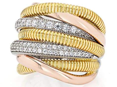 Judith Ripka Cubic Zirconia Rhodium with Yellow & Rose 14k Gold Clad Jubilee Highway Ring 1.58ctw