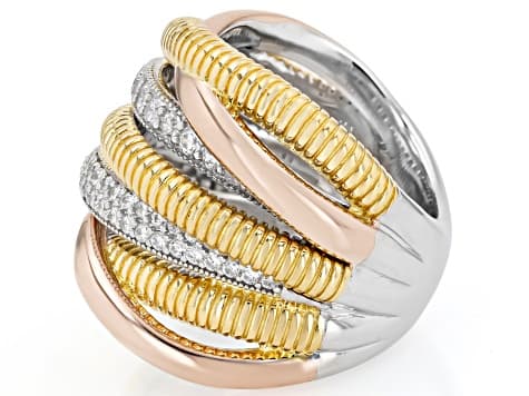 Judith Ripka Cubic Zirconia Rhodium with Yellow & Rose 14k Gold Clad Jubilee Highway Ring 1.58ctw