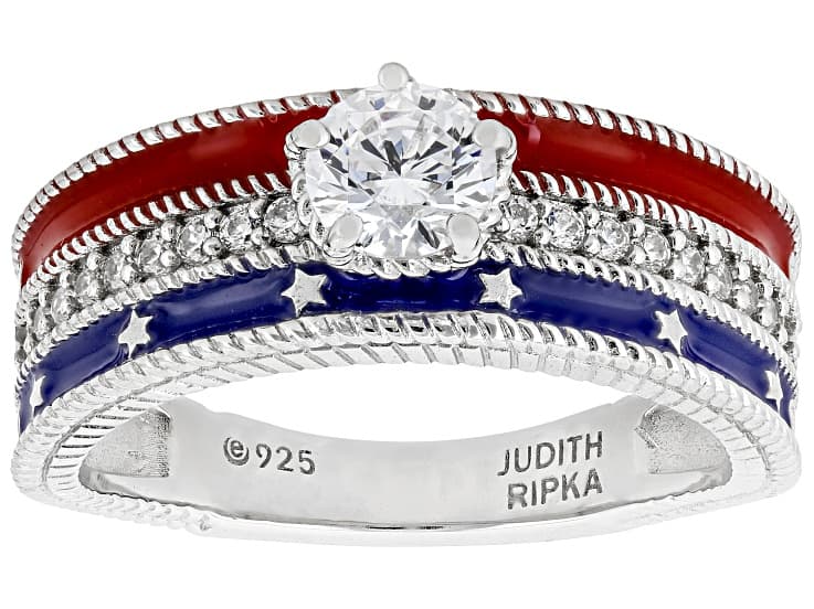Judith Ripka White Cubic Zirconia and Red & Blue Enamel Rhodium Over Sterling Silver Ring 1.02ctw