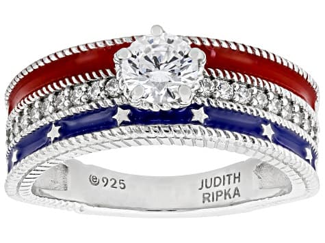 Judith Ripka White Cubic Zirconia and Red & Blue Enamel Rhodium Over Sterling Silver Ring 1.02ctw