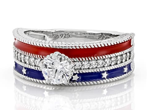 Judith Ripka White Cubic Zirconia and Red & Blue Enamel Rhodium Over Sterling Silver Ring 1.02ctw