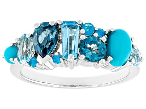 Multi-Gemstone Platinum Over Sterling Silver Ring 1.35ctw