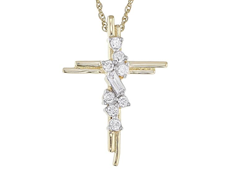 White Lab-Grown Diamond F-G SI 14k Yellow Gold Over Sterling Silver Cross Pendant With Chain 0.19ctw