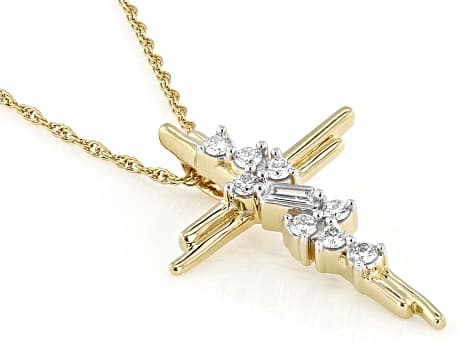 White Lab-Grown Diamond F-G SI 14k Yellow Gold Over Sterling Silver Cross Pendant With Chain 0.19ctw