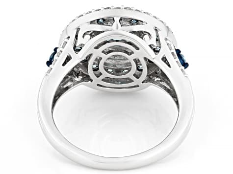 Blue and White Lab-Grown Diamond H SI1 Rhodium Over Sterling Silver Halo Ring 2.00ctw