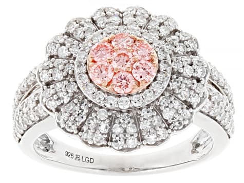 Pink and White Lab-Grown Diamond H SI1 Rhodium Over Sterling Silver Cluster Ring 1.50ctw