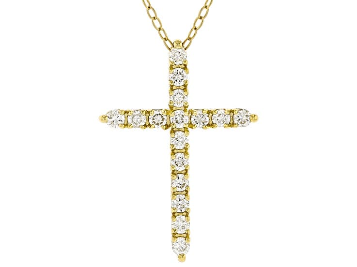 White Lab-Grown Diamond H SI 14K Yellow Gold Over Sterling Silver Cross Pendant With Chain 0.65ctw
