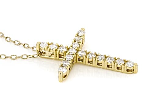 White Lab-Grown Diamond H SI 14K Yellow Gold Over Sterling Silver Cross Pendant With Chain 0.65ctw