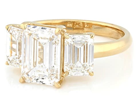 Certified Emerald Cut White Lab-Grown Diamond E VS2 14K Yellow Gold 3-Stone Ring 5.15ctw