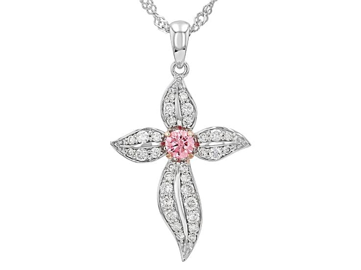 Pink And White Round Lab-Grown Diamond Rhodium Over Silver Cross Pendant With Singapore Chain .75ctw