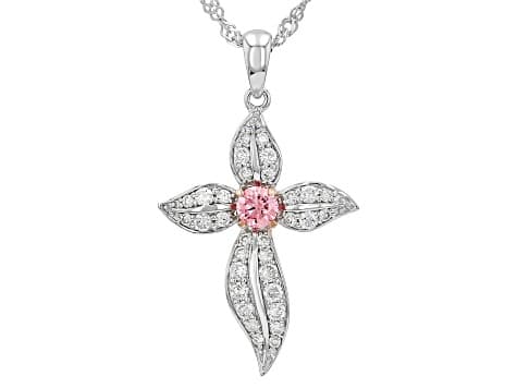 Pink And White Round Lab-Grown Diamond Rhodium Over Silver Cross Pendant With Singapore Chain .75ctw