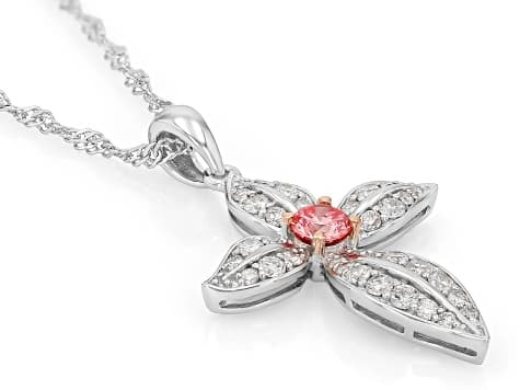 Pink And White Round Lab-Grown Diamond Rhodium Over Silver Cross Pendant With Singapore Chain .75ctw