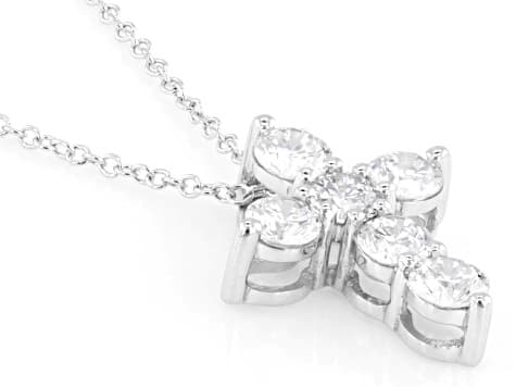 Round White Lab-Grown Diamond H SI Rhodium Over Sterling Silver Cross Pendant With Chain 1.00ctw