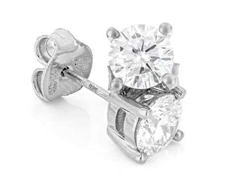 Round White Lab-Grown Diamond F-G VS2 Rhodium Over Sterling Silver Solitaire Stud Earrings 2.00ctw