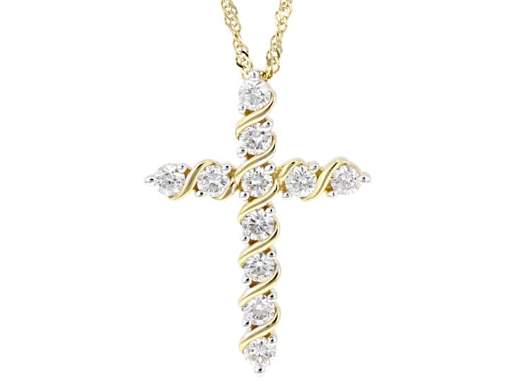 Round White Lab-Grown Diamond G-H SI 14K Yellow Gold Over Silver Cross Pendant With Chain 1.20ctw