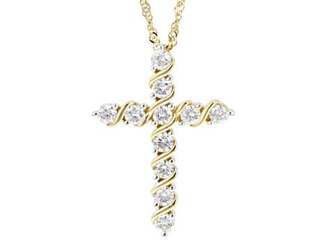 Round White Lab-Grown Diamond G-H SI 14K Yellow Gold Over Silver Cross Pendant With Chain 1.20ctw
