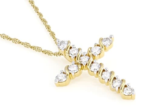 Round White Lab-Grown Diamond G-H SI 14K Yellow Gold Over Silver Cross Pendant With Chain 1.20ctw