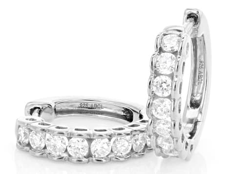 Round White Lab-Grown Diamond F-G SI Rhodium Over Sterling Silver Huggie Earrings 1.00ctw