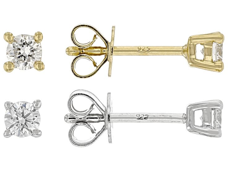 Round Lab-Grown Diamond G-H VS Rhodium and 14K YG Over Silver Solitaire Stud Earrings 2 Pairs .50ctw