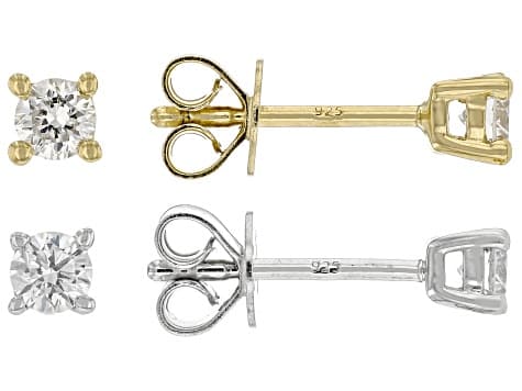 Round Lab-Grown Diamond G-H VS Rhodium and 14K YG Over Silver Solitaire Stud Earrings 2 Pairs .50ctw