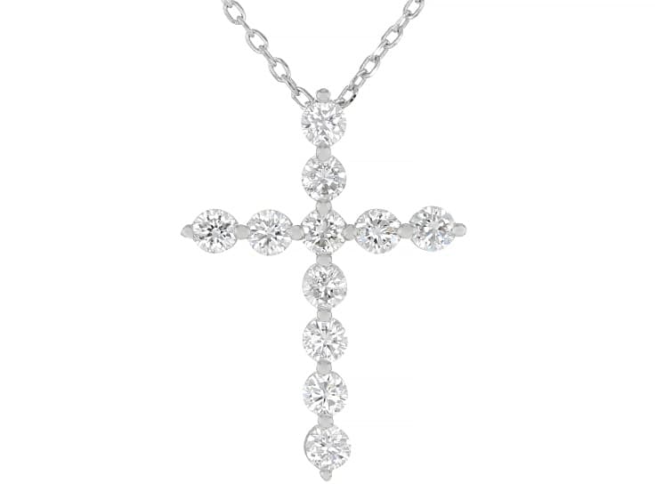 Round Lab-Grown Diamond G-H VS Rhodium Over Sterling Silver Cross Pendant With Chain 0.75ctw