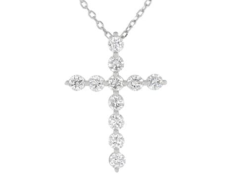 Round Lab-Grown Diamond G-H VS Rhodium Over Sterling Silver Cross Pendant With Chain 0.75ctw