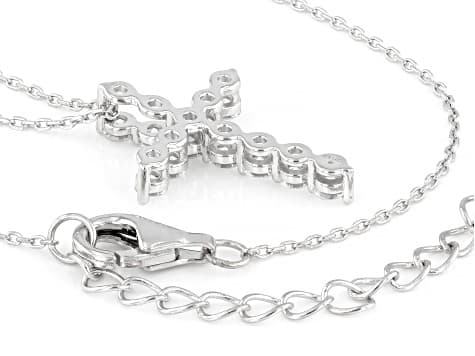 Round Lab-Grown Diamond G-H VS Rhodium Over Sterling Silver Cross Pendant With Chain 0.75ctw