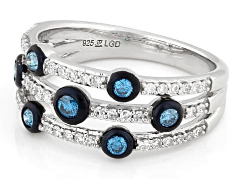 Blue and White Lab-Grown Diamond G SI2 Rhodium Over Sterling Silver Ring 0.50ctw