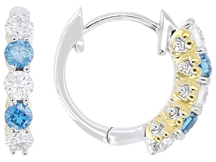 Blue and White Lab-Grown Diamond H SI Rhodium and 14K Yellow Gold Over Silver Huggie Earrings 1.0ctw