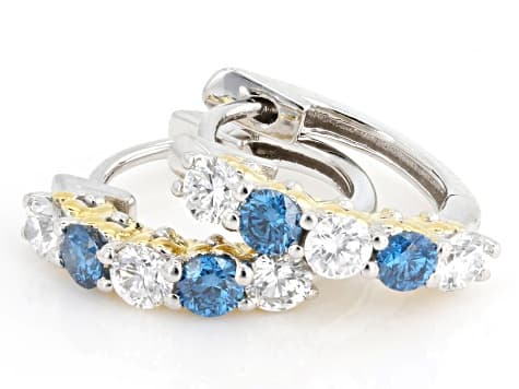 Blue and White Lab-Grown Diamond H SI Rhodium and 14K Yellow Gold Over Silver Huggie Earrings 1.0ctw
