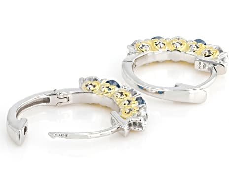 Blue and White Lab-Grown Diamond H SI Rhodium and 14K Yellow Gold Over Silver Huggie Earrings 1.0ctw