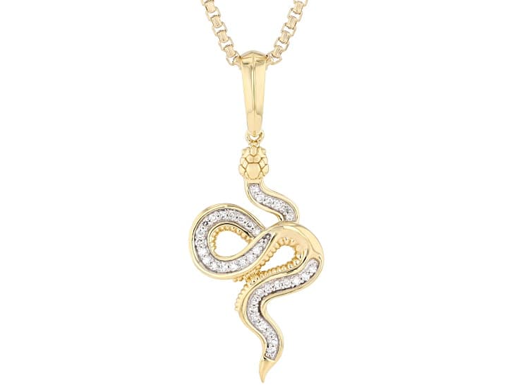 White Lab-Grown Diamond H SI1 24K Yellow Gold Vermeil Silver Snake Pendant With Chain 0.25ctw