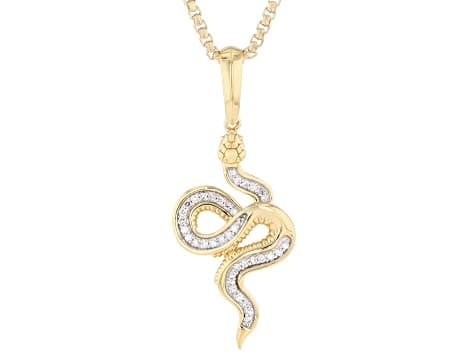 White Lab-Grown Diamond H SI1 24K Yellow Gold Vermeil Silver Snake Pendant With Chain 0.25ctw