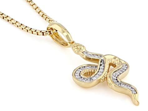 White Lab-Grown Diamond H SI1 24K Yellow Gold Vermeil Silver Snake Pendant With Chain 0.25ctw