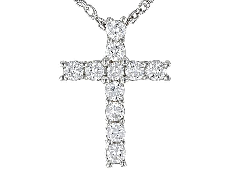 White Lab-Grown Diamond H SI1 Rhodium Over Sterling Silver Cross Pendant With 18" Rope Chain 0.25ctw