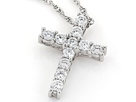 White Lab-Grown Diamond H SI1 Rhodium Over Sterling Silver Cross Pendant With 18" Rope Chain 0.25ctw