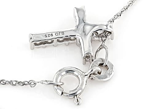 White Lab-Grown Diamond H SI1 Rhodium Over Sterling Silver Cross Pendant With 18" Rope Chain 0.25ctw