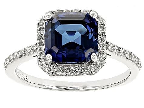 Lab Created Sapphire And Lab-Grown Diamond Rhodium Over Sterling Silver Halo Ring 2.72ctw